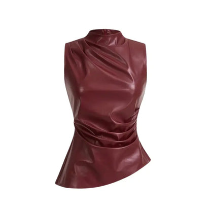 Elegant Lava faux leather top with asymmetrical cut and high collar in Burgundy, sleeveless design perfect for special occasions, evening wear, or stylish daily outfits. Comfortable, luxurious, and modern fashion piece available in various sizes.