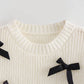 Early Autumn New European and American Style Design Niche Versatile round Neck Top White Slim Short-Sleeved Sweater with Bow