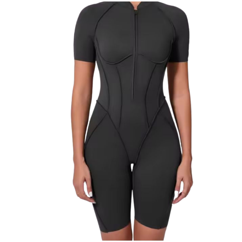 Stone grey athletic one-piece suit – NIKI POWERFORM women’s compression jumpsuit with backless cut and sculpted seams