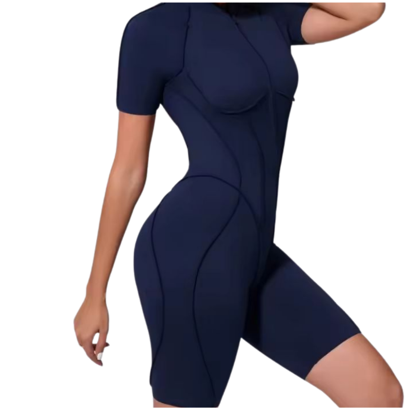 NIKI POWERFORM navy blue one-piece workout jumpsuit – shaping fit with zip front and elegant backless design