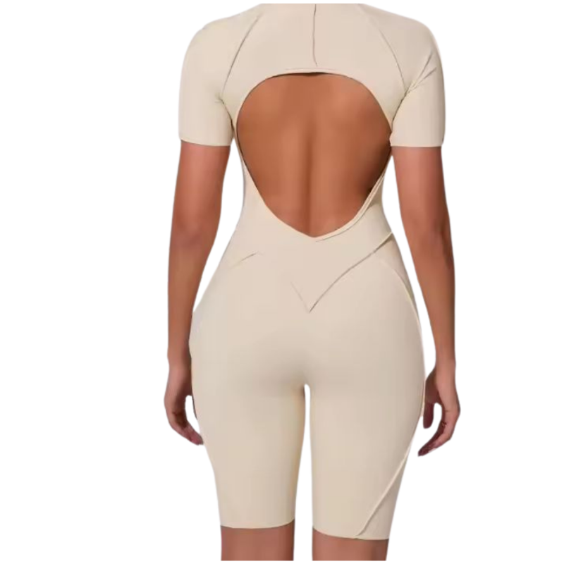 Sand beige yoga romper – NIKI POWERFORM shaping jumpsuit for women, with zipper, built-in bra pads, and short legs