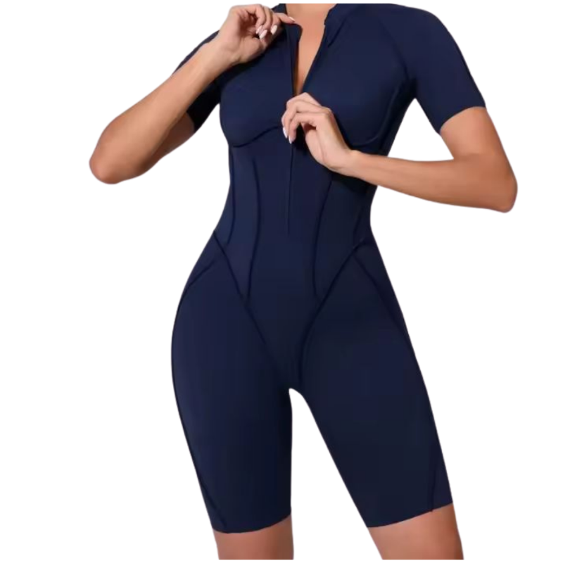 NIKI POWERFORM navy blue one-piece workout jumpsuit – shaping fit with zip front and elegant backless design