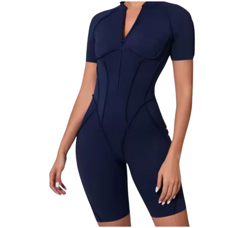 NIKI POWERFORM navy blue one-piece workout jumpsuit – shaping fit with zip front and elegant backless design