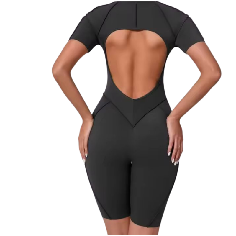 Stone grey athletic one-piece suit – NIKI POWERFORM women’s compression jumpsuit with backless cut and sculpted seams
