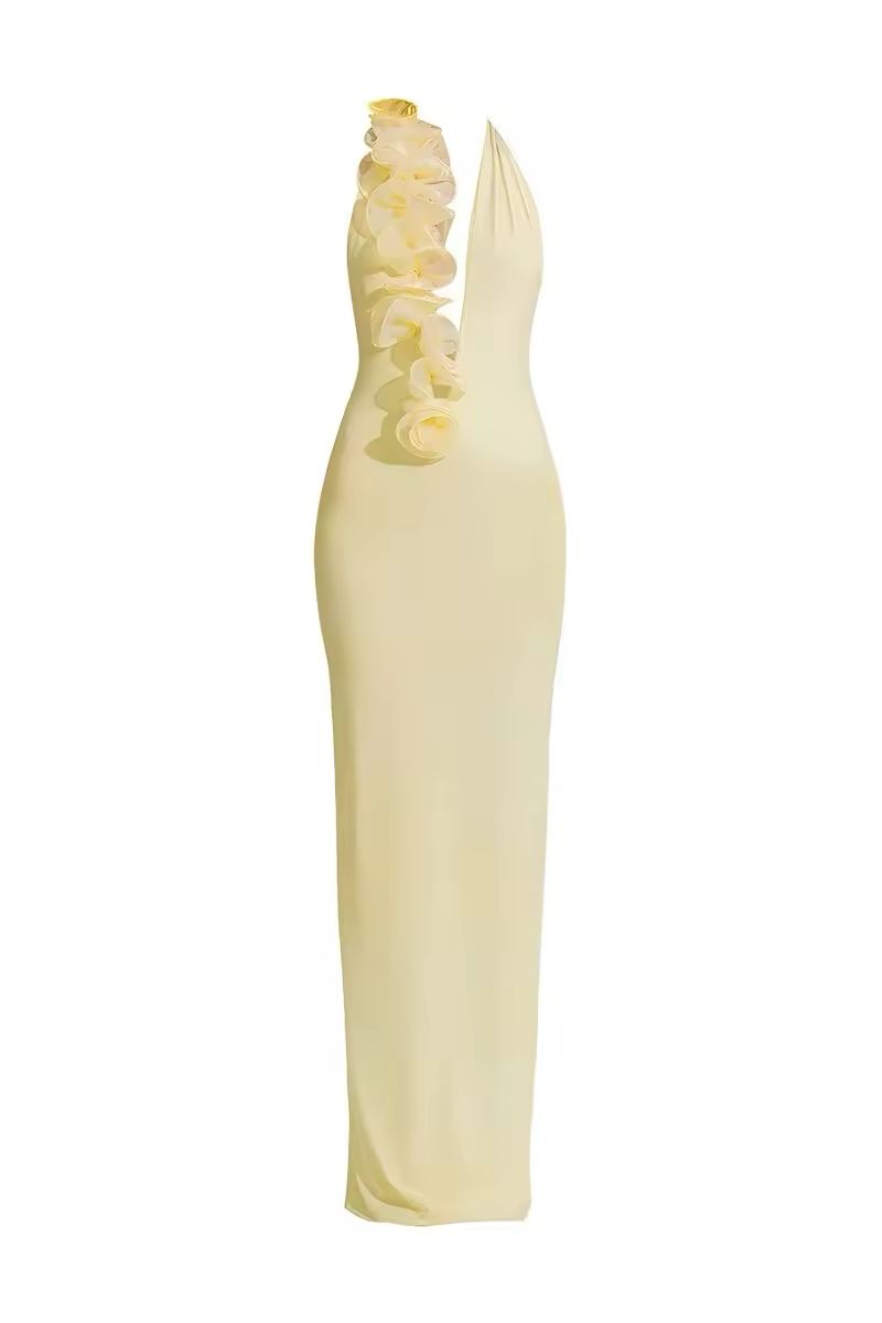 Noa yellow halter dress 2025 – floor-length backless gown with ruffle neckline, A-line silhouette, soft stretch polyester-spandex fabric. Elegant summer outfit for beach weddings, club nights, luxury vacations & golden hour events.
