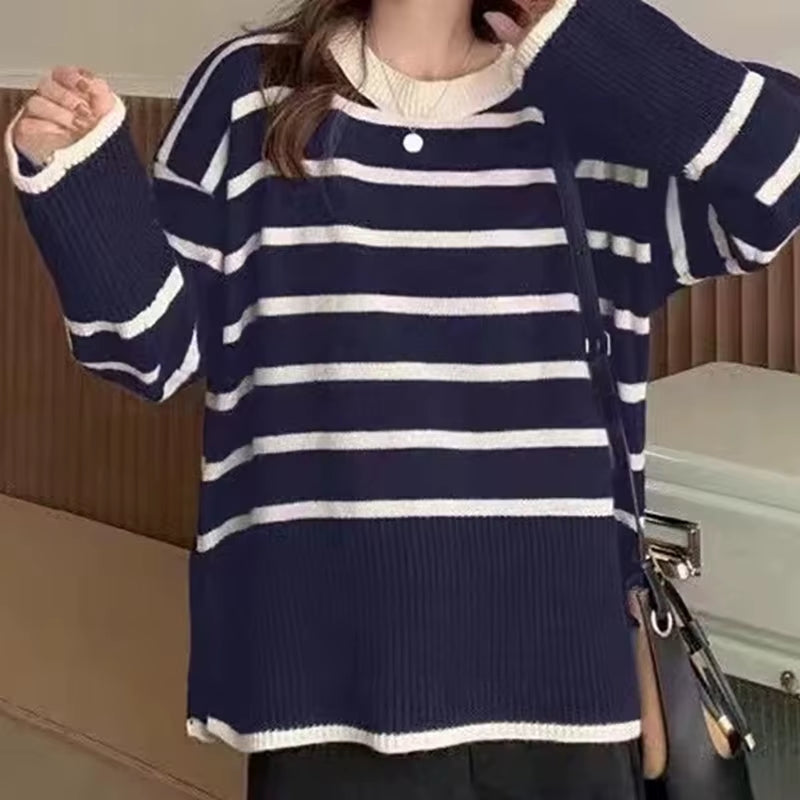 Cozy striped pullover sweater for women – stylish O-neck design in soft fabric for casual wear.