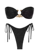 Minimalist black bandeau bikini set with gold O-ring detail and high-leg side-tie bottoms, perfect for luxury summer swimwear looks.
