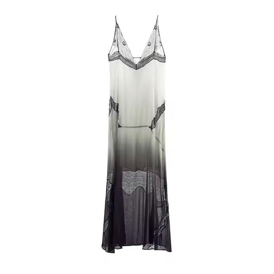 Ombre Mesh Chic Dress – sheer lace maxi dress in black and white ombre, sleeveless V-neck, Chic & Charm
