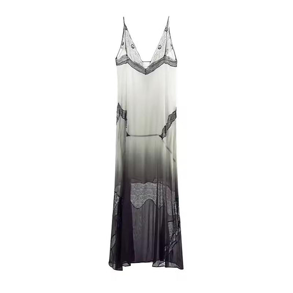 Ombre Mesh Chic Dress – sheer lace maxi dress in black and white ombre, sleeveless V-neck, Chic & Charm