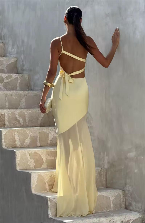One-shoulder yellow maxi dress for women – formal summer outfit with flattering A-line shape
