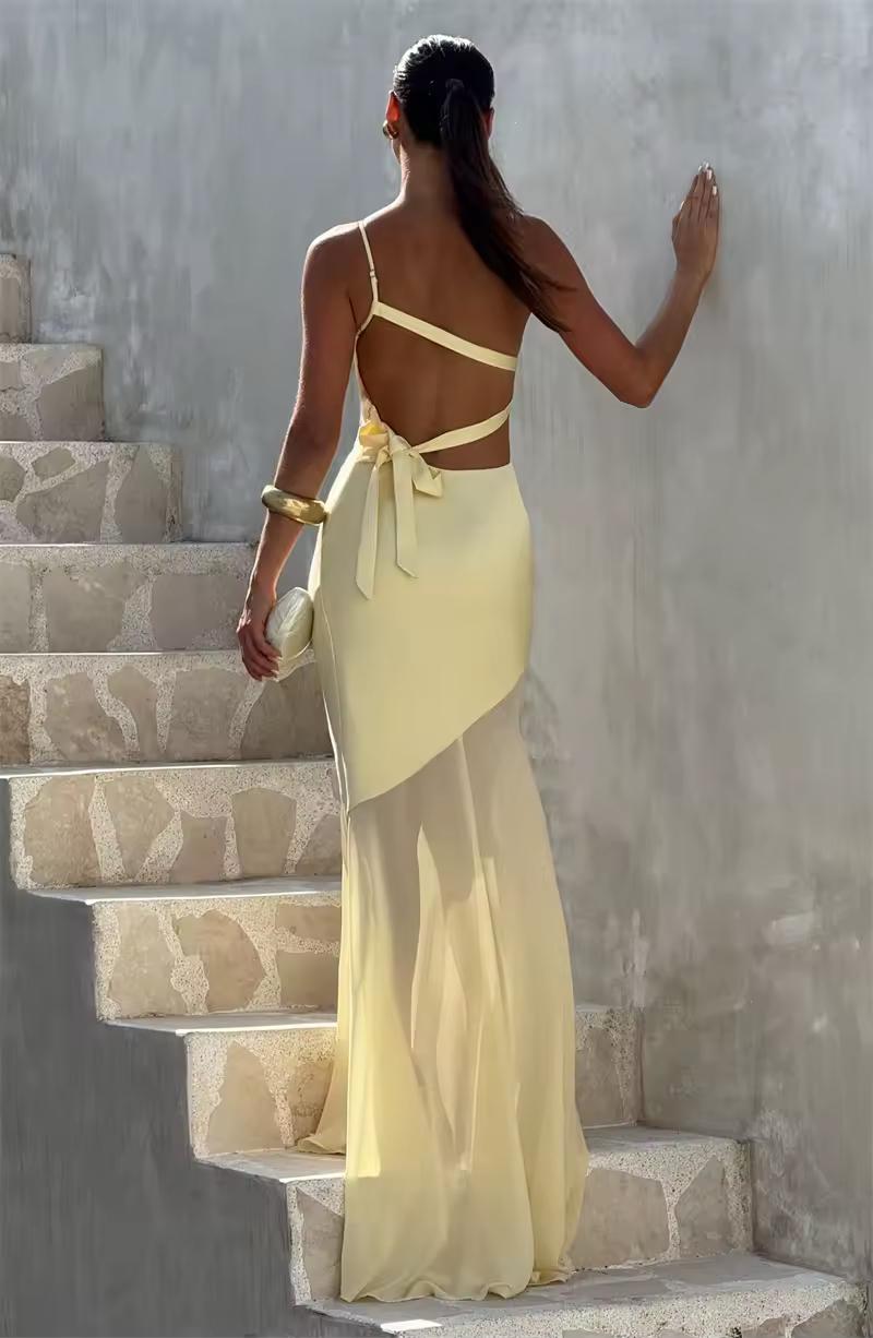 One-shoulder yellow maxi dress for women – formal summer outfit with flattering A-line shape
