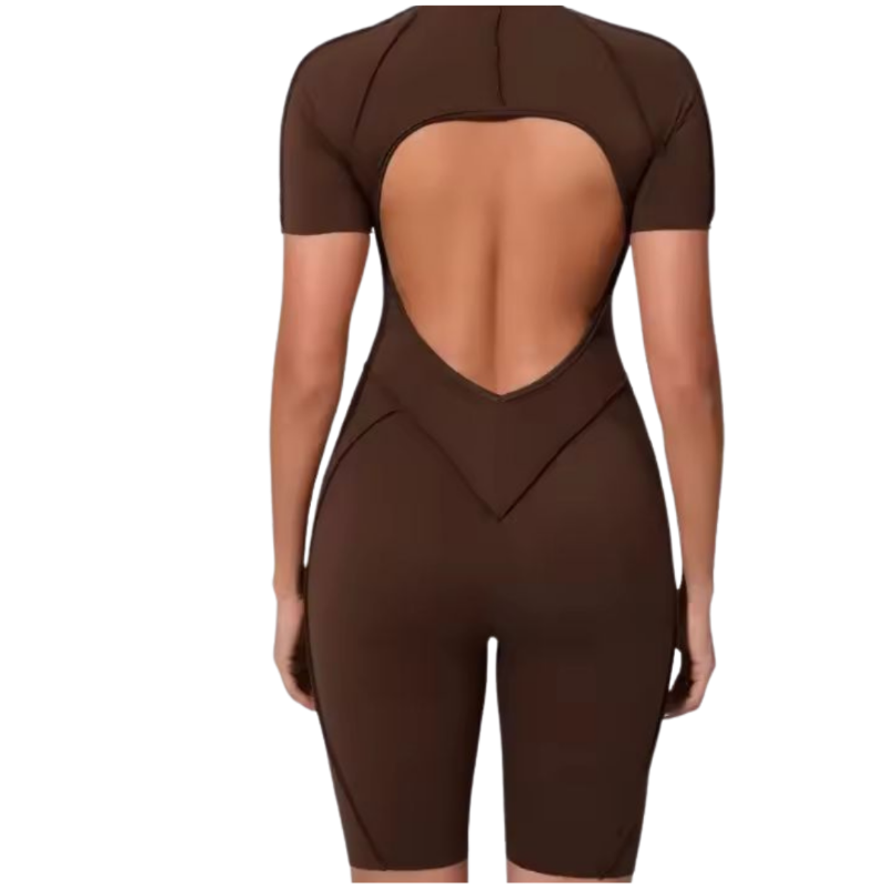 Mocha brown NIKI POWERFORM zip sports jumpsuit for women – sculpting activewear with chest padding and body-hugging fit