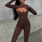 Sexy Hollow Out Jumpsuits Sets Women Fashion Solid Long Sleeve Shawl and Jumpsuits Female Elegant Two Piece Sets