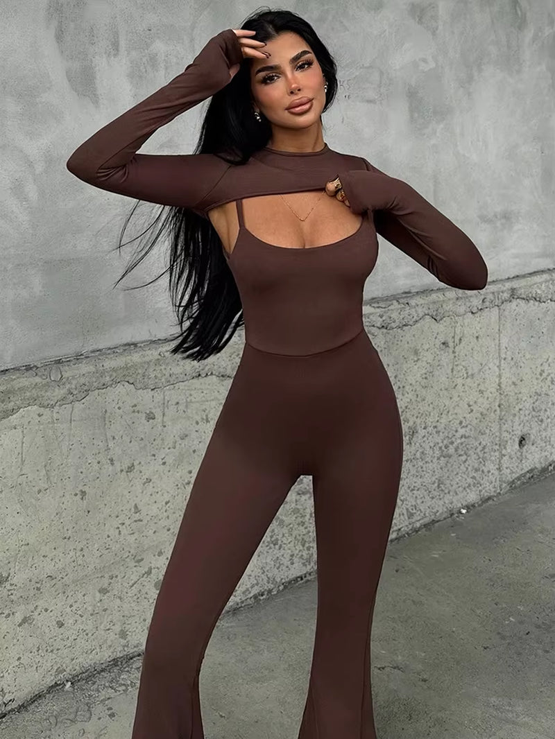 Sexy Hollow Out Jumpsuits Sets Women Fashion Solid Long Sleeve Shawl and Jumpsuits Female Elegant Two Piece Sets