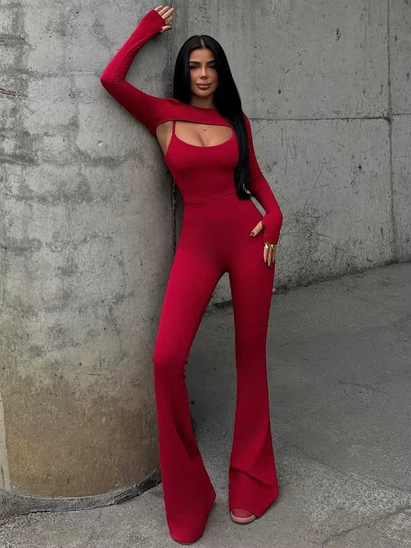 Sexy Hollow Out Jumpsuits Sets Women Fashion Solid Long Sleeve Shawl and Jumpsuits Female Elegant Two Piece Sets