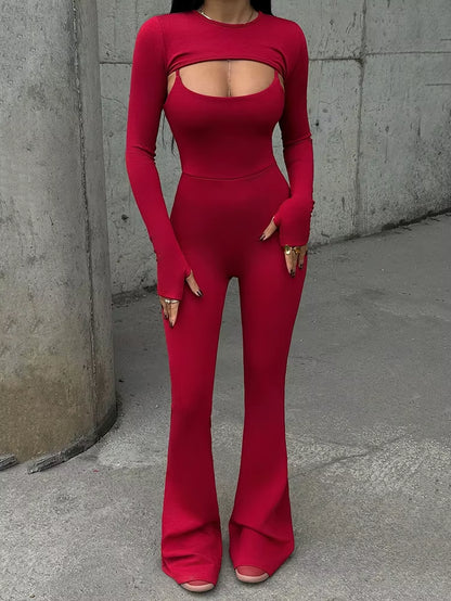 Sexy Hollow Out Jumpsuits Sets Women Fashion Solid Long Sleeve Shawl and Jumpsuits Female Elegant Two Piece Sets