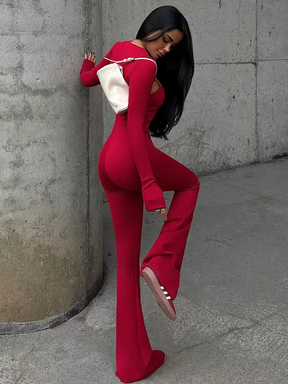 Sexy Hollow Out Jumpsuits Sets Women Fashion Solid Long Sleeve Shawl and Jumpsuits Female Elegant Two Piece Sets