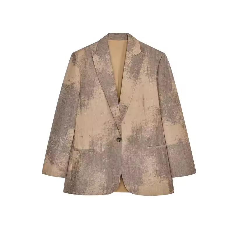 Mara Oversized Blazer Beige Grey – Women’s Casual Chic Blazer front view, regular fit oversized look, single-breasted horn button
