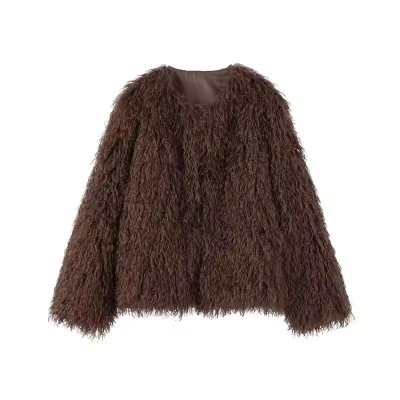 Close-up plush faux fur polyester texture brown women’s jacket cruelty-free high-quality faux fur