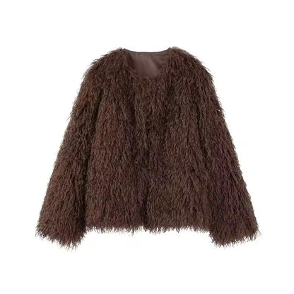 Close-up plush faux fur polyester texture brown women’s jacket cruelty-free high-quality faux fur