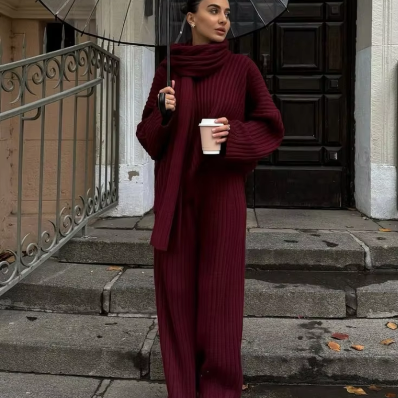 Oversized Knitted Women’s Set featuring a V-neck pullover, integrated scarf, and long relaxed-fit pants