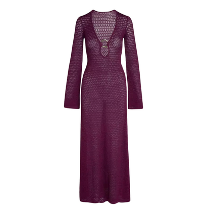 Woman wearing Palma Luxe Knit Dress – violet and orange sheer crochet maxi dress with deep V-neckline and long sleeves, ideal for elegant summer occasions.
