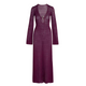 Woman wearing Palma Luxe Knit Dress – violet and orange sheer crochet maxi dress with deep V-neckline and long sleeves, ideal for elegant summer occasions.
