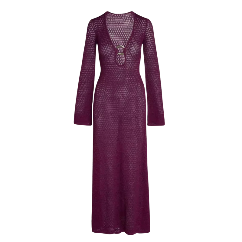 Woman wearing Palma Luxe Knit Dress – violet and orange sheer crochet maxi dress with deep V-neckline and long sleeves, ideal for elegant summer occasions.

