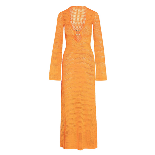 Palma Luxe Knit Dress – floor-length violet crochet maxi dress with sheer texture, long sleeves, and decorative ring closure at the neckline.
