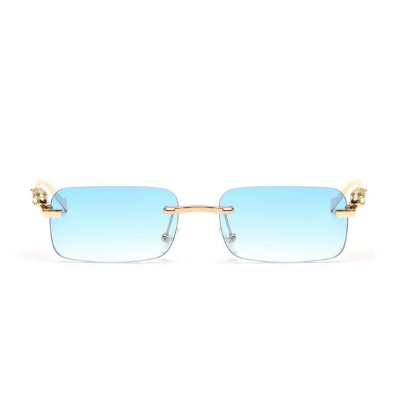 Blue gradient rimless sunglasses with gold temples and UV400 sun protection
