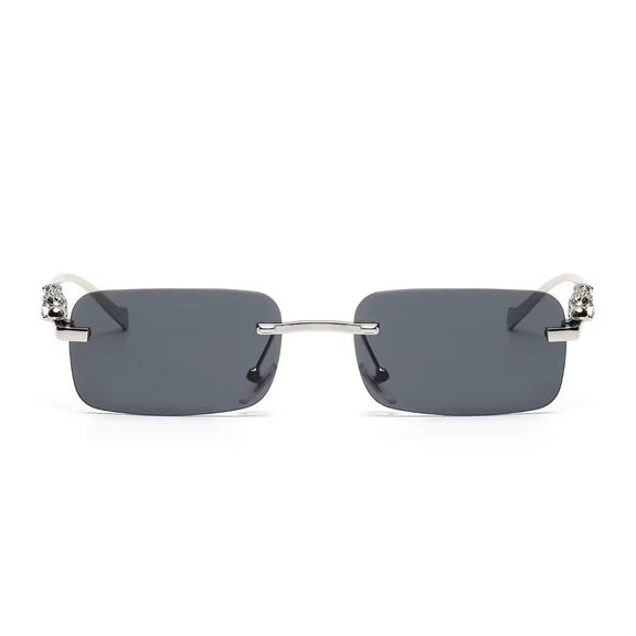 Jet black rectangular rimless sunglasses with UV400 lenses and golden panther arms
