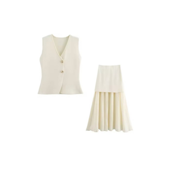 Paris City Muse white two-piece summer set – sleeveless V-neck vest and flowing layered maxi skirt – casual chic outfit for city and events.
