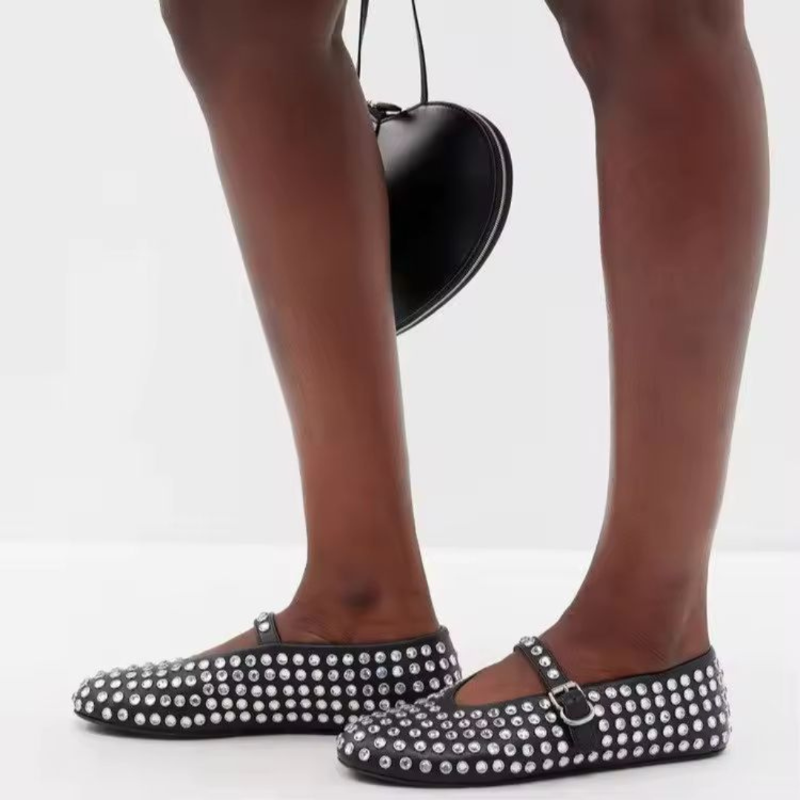 Elegant black plus size women’s flat with rhinestone studs and buckle strap – The Paris Colette Crystals