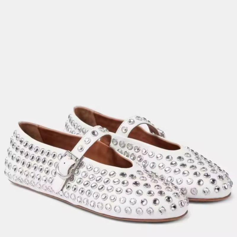 Ivory white women’s plus size flat with sparkling crystals and rubber sole – The Paris Colette Crystals ballet-style shoe