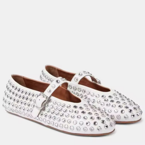 Ivory white women’s plus size flat with sparkling crystals and rubber sole – The Paris Colette Crystals ballet-style shoe