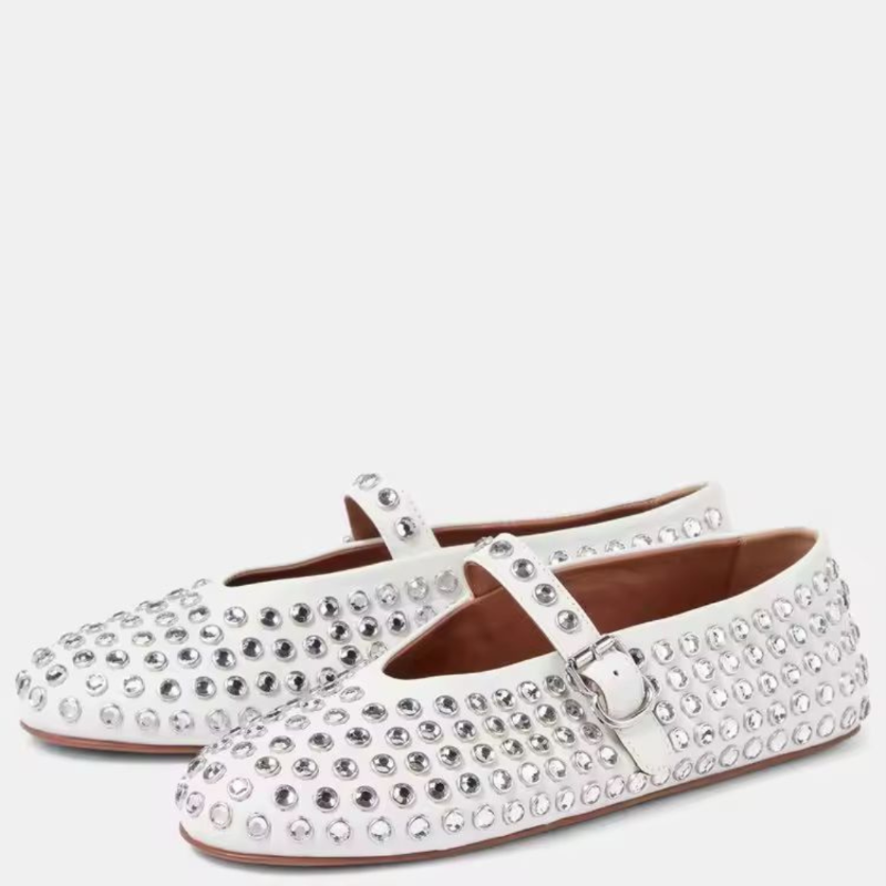Ivory white women’s plus size flat with sparkling crystals and rubber sole – The Paris Colette Crystals ballet-style shoe