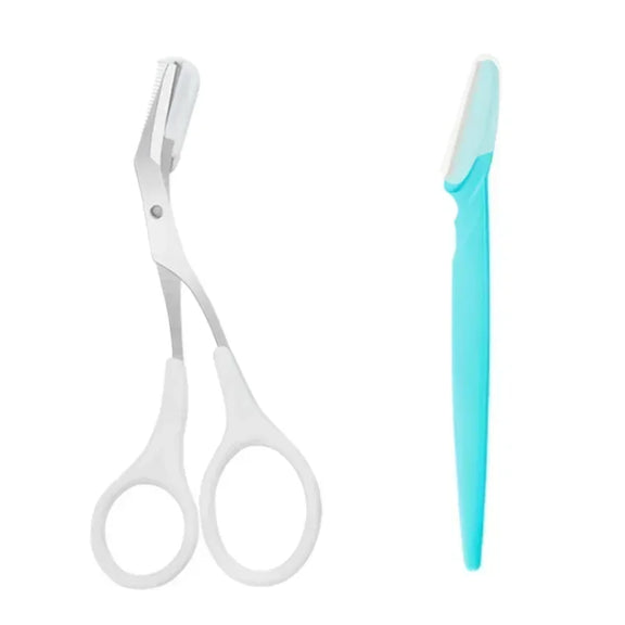 High-Quality Eyebrow Trimming Set with Curved Razor and Scissors in Various Colors - Perfect for Precision Grooming