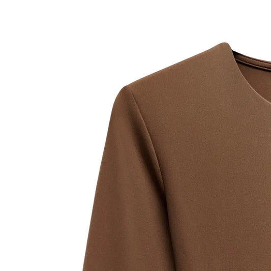 Brown tailored body for women with round neck and long sleeves, made from polyester, cotton, and elastane for comfort and flexibility.