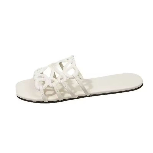ALMA white  sandals with loop strap design and square toe – neutral flat PU leather summer shoes

