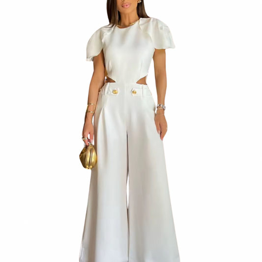 White wide-leg summer jumpsuit with stretch, short flutter sleeves and gold button details – Amal Collection