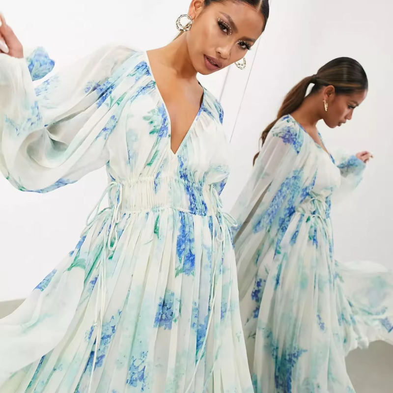 Elegant floral chiffon maxi dress with V-neck, long sleeves, high waist and A-line fit for summer weddings
