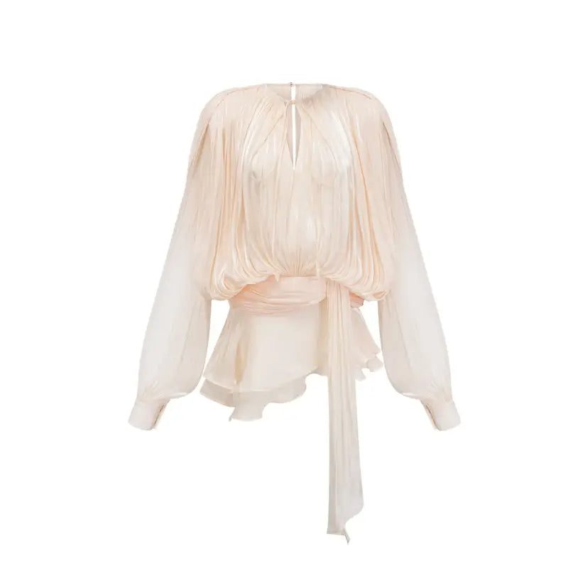 Amour Silhouette tailored dress in blush pink – round neckline, long sleeves, figure-flattering stretch fit for weddings or formal events.