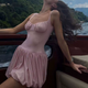 Carré Chic Rosé – sexy square neck mini dress in blush pink and white, sleeveless bodycon with clean lines and backless cut.