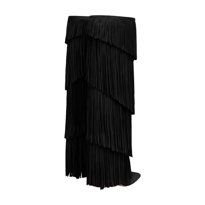 Layered fringe detail and soft velvet texture on CAVALLA Western boots – elegant boho style.

