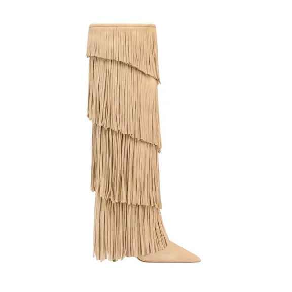 Beige velvet fringe high heel boots for women – luxury bohemian western fashion trend.
