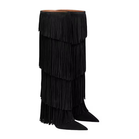 CAVALLA Western fringe velvet high heel boots in black – luxury western fashion for women.
