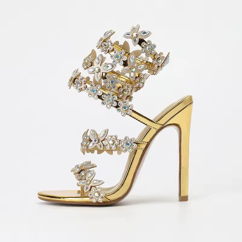 Party & Bridal Shoes – Cristalia™️ Crystal Flower Stilettos in Silver or Gold”