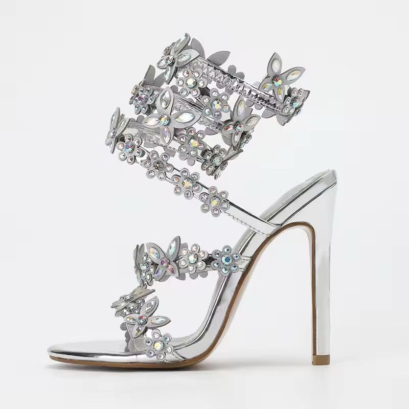 Cristalia Luxury Strass Heels – Gold Stiletto Sandals with Crystal Flowers for Women – Size 38