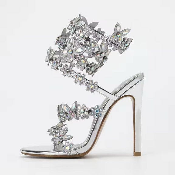 Cristalia Luxury Strass Heels – Gold Stiletto Sandals with Crystal Flowers for Women – Size 38