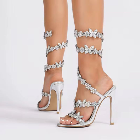 Silver Cristalia Glitter Heels – Floral Rhinestone Sandals with 9.6 cm Heel
